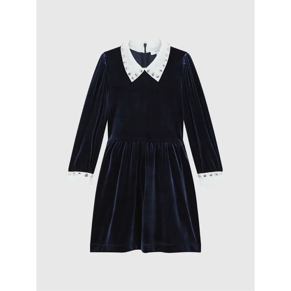 Reiss Junior Riley Diamante Collar Velvet Dress in Navy Size 8-9